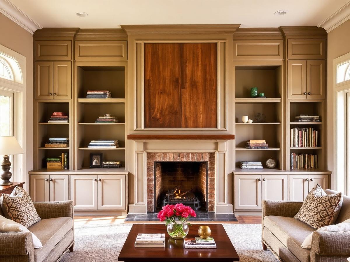 Custom built-in bookcases and cabinetry framing a living room fireplace