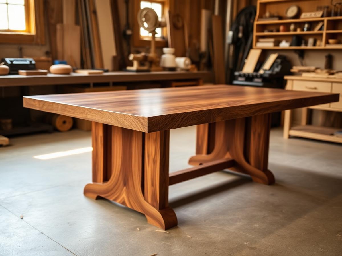 Handcrafted solid walnut dining table in a woodworking shop