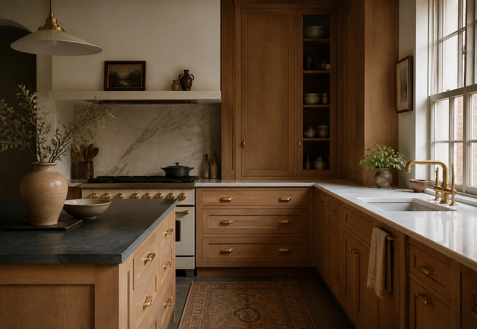 Custom stained oak kitchen cabinetry with brass hardware
